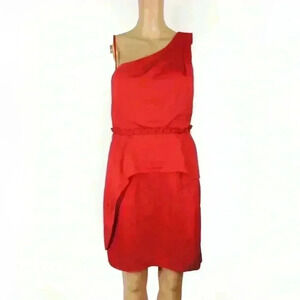 Manoukian Red Satin Assymetrical One Shoulder Peplum Dress
